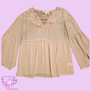 DECREE womens M blouse peplum sheer lace muted pink tiered long sleeve Barbie
